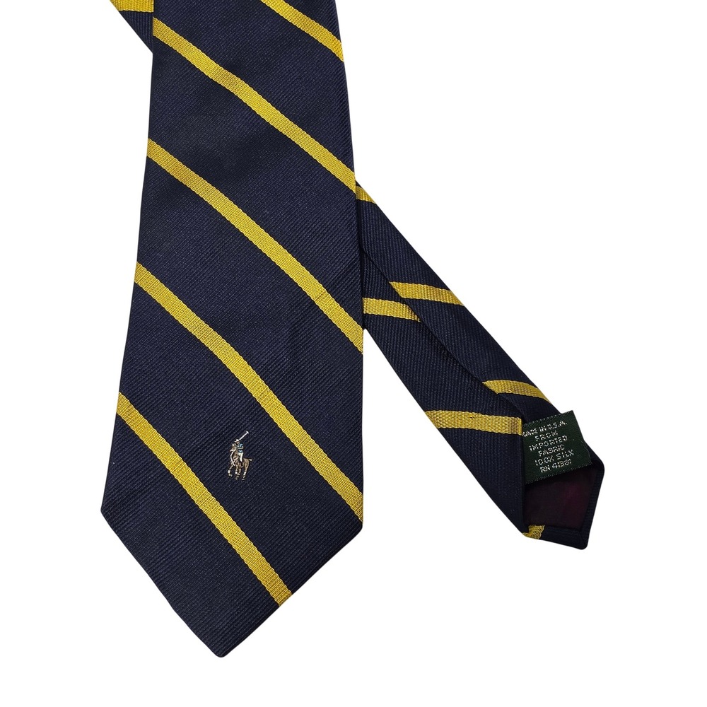 Polo Ralph Lauren Mens Silk Tie Navy Blue Gold Striped Pony Logo Made in USA